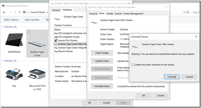 Surface Pro 3 Type Cover uninstall device including driver