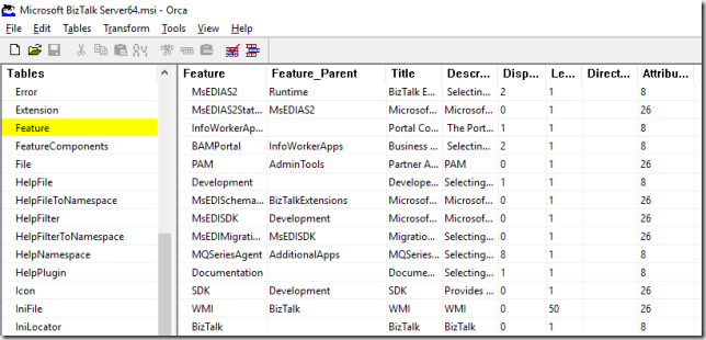 Orca Features Table for BizTalk Server 2016 MSI